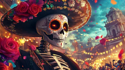 Catrina skeleton portrait in ornate sombrero at D&iacute;a de Muertos