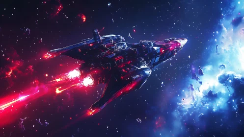 Star-cruiser tears neon corridors through fractured cosmos