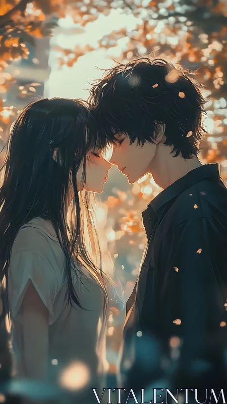 Quiet anime couple standing close under falling leaves.