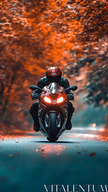 Motorcyclist on sport bike riding through autumn road.