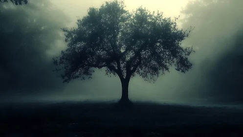 Gentle lone tree welcomes the quiet glow of misty dawn