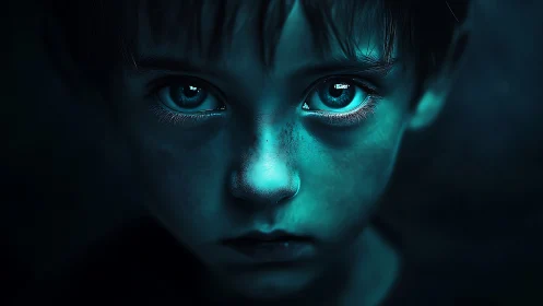 Blue-lit child portrait renders intense staring eyes