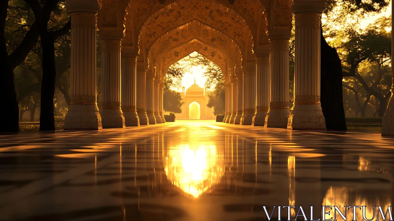 Golden sunlit arcade leading toward a tranquil domed temple.