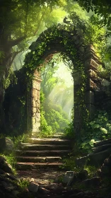 Stone forest archway stands over mossy steps in sunlight