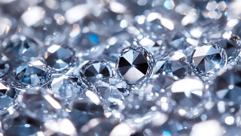 Close-up macro view of many sparkling cut diamonds.