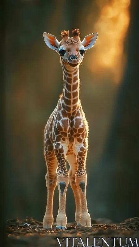 Sunlit baby giraffe smiles warmly in soft golden glow