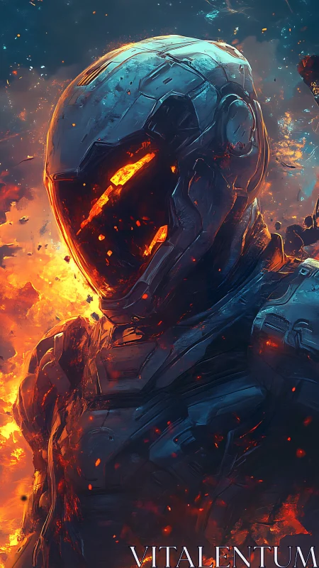 Lava-infused armored cyborg stands amid erupting flames.