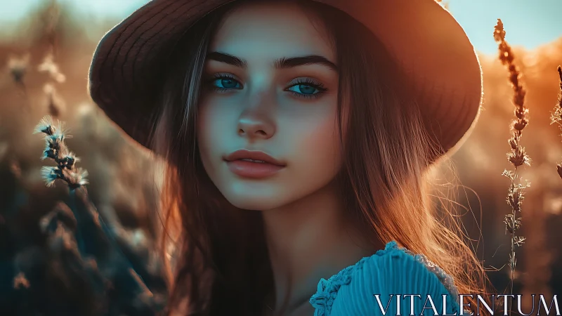 Sunlit blue eyed muse in dreamy golden meadow twilight.