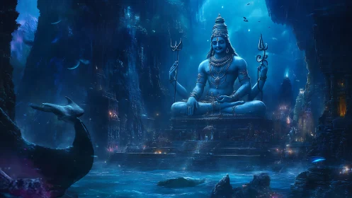 Cosmic blue deity meditates in a glowing undersea cavern realm
