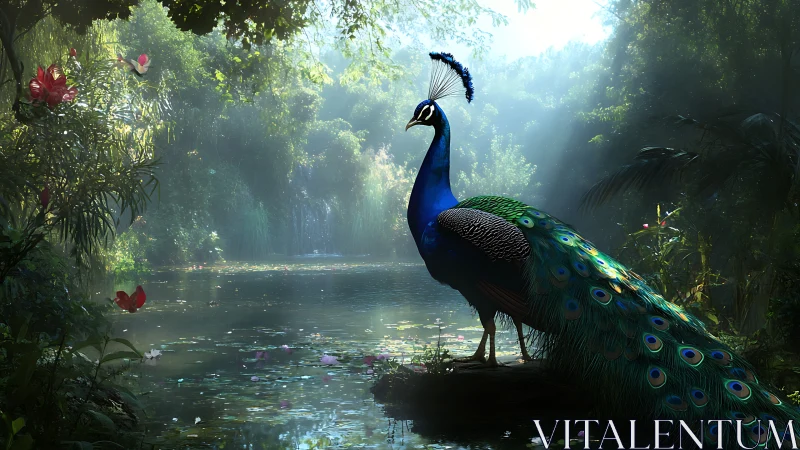 Digital painting of peacock beside misted jungle lagoon.