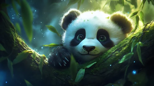 Young panda rendered in stylized forest environment.
