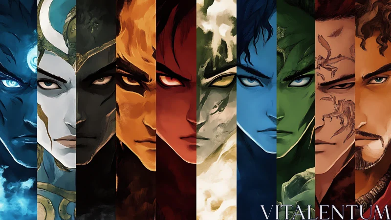 Bold elemental warriors share one intense, united gaze