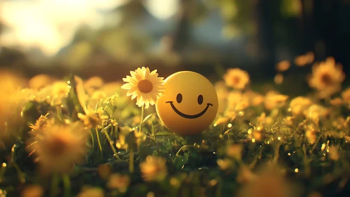 Sunny smiley ball resting in a golden daisy meadow glow.