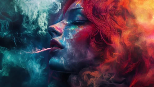 Surreal profile of fiery-haired woman dissolving into smoke.