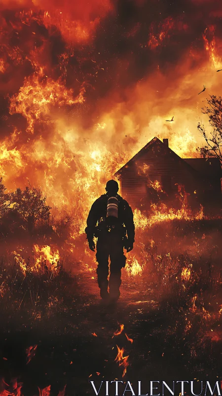 Firefighter Advancing Through Inferno: Structural Collapse and Smoke.