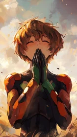 Anime pilot in armored suit under warm glowing sky.