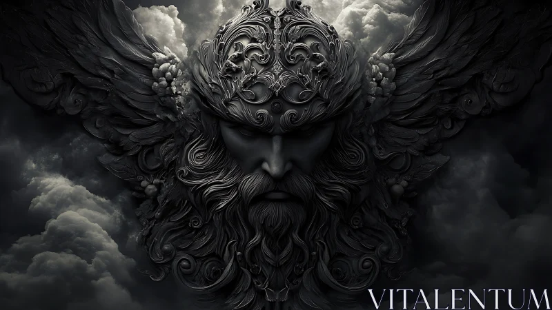 Stormborne winged deity carved from swirling midnight stone.