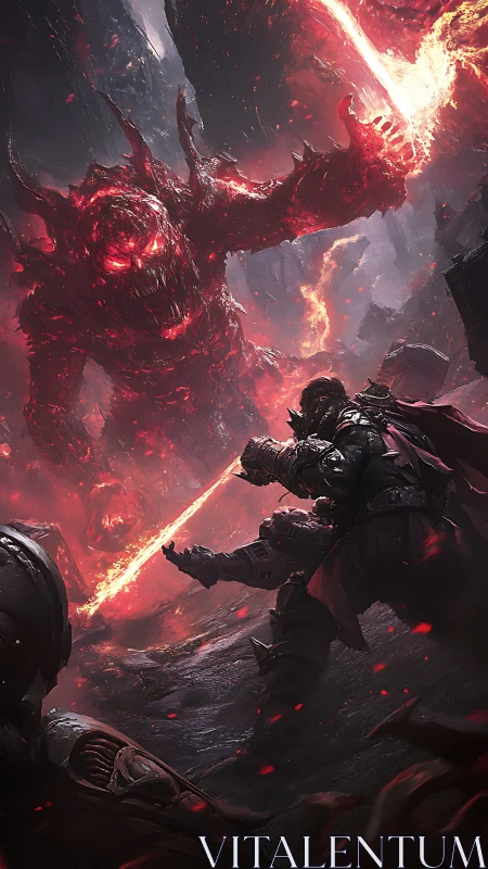 Armored warrior confronts towering lava demon in battle