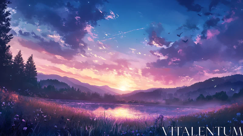 Sunset-illuminated alpine lake rendered in atmospheric digital art
