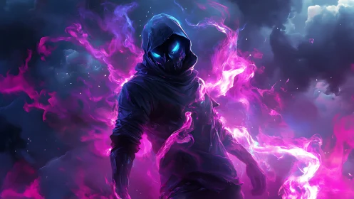 Hooded energy wraith in neon magenta plasma storm field