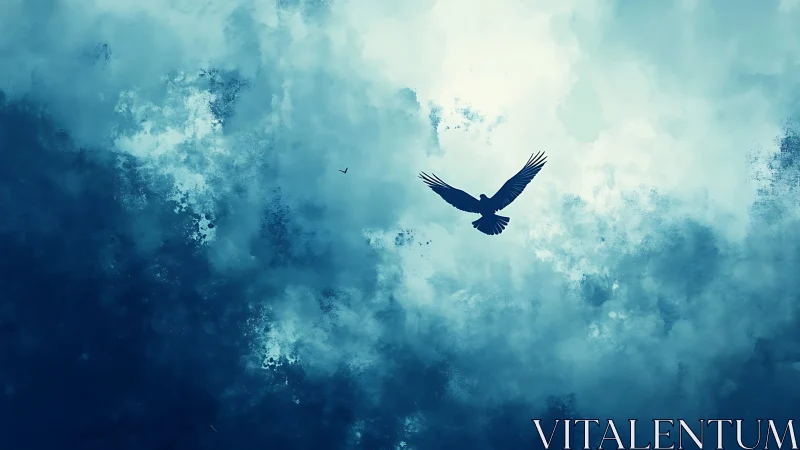 Silhouette of a Bird Soaring in Moody Blue Watercolor Sky.
