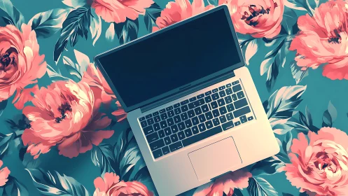 Open laptop on stylized floral background, top-down view.