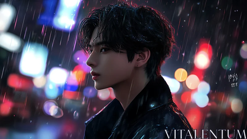 Young person in profile stands in neon city rain at night