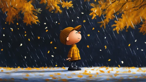 Little rainwatcher counts falling leaves like tiny comets