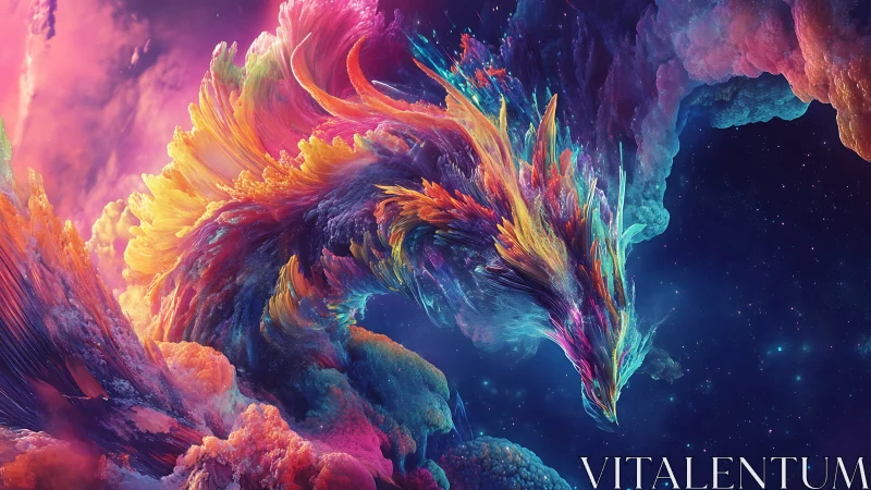 Vibrant cosmic phoenix formed from swirling nebula clouds.