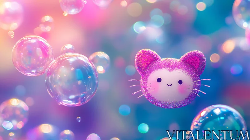 Glittery kawaii cat bubble drifts in dreamy pastel light