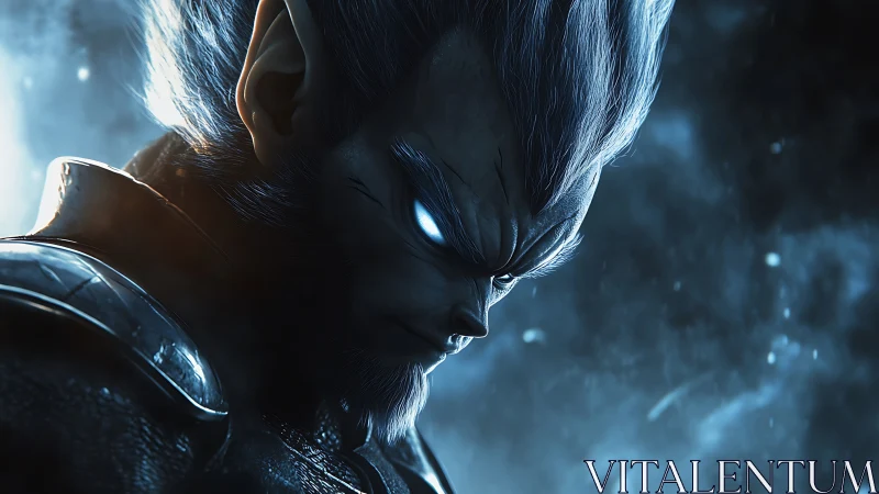 Brooding cosmic warrior glowing with fierce inner power.