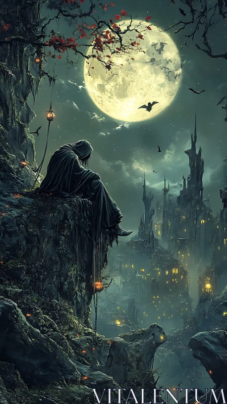 Hooded sentinel on cliff above necropolis under supermoon