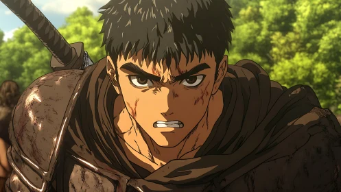 Battle-hardened swordsman charges through sunlit forest.