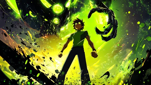 Teen hero confronts neon titan amid explosive green energy.