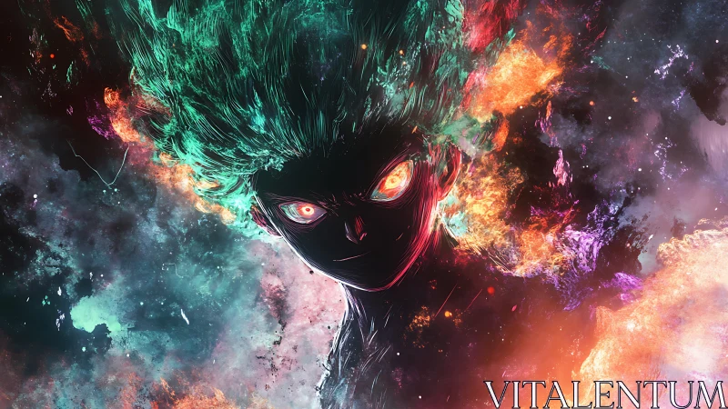 Anime energy portrait with cosmic fire and neon aura composition.