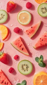 Hydrated summer fruit pattern on pink studio backdrop.