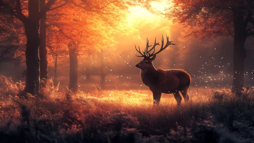 Majestic stag in autumn forest at sunrise, cinematic nature scene.