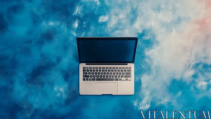 Silver laptop rests centered on textured blue abstract surface