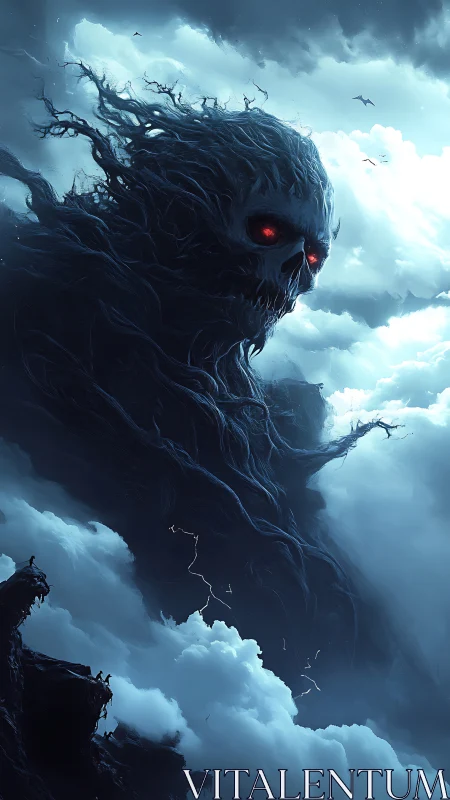 Colossal skull storm wraith looming within thunderous clouds.