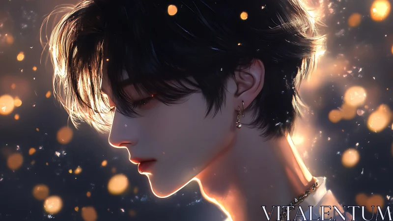 Luminous profile portrait of youth in golden bokeh glow.