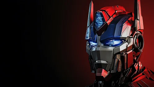 Red and blue robotic helmet glows against dark backdrop