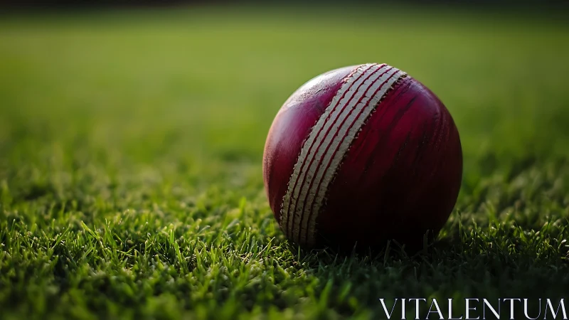 Close-focus optical study of worn red cricket ball on pitch.