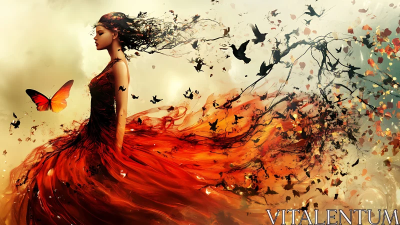 Woman in red dress dissolves into birds and abstract foliage