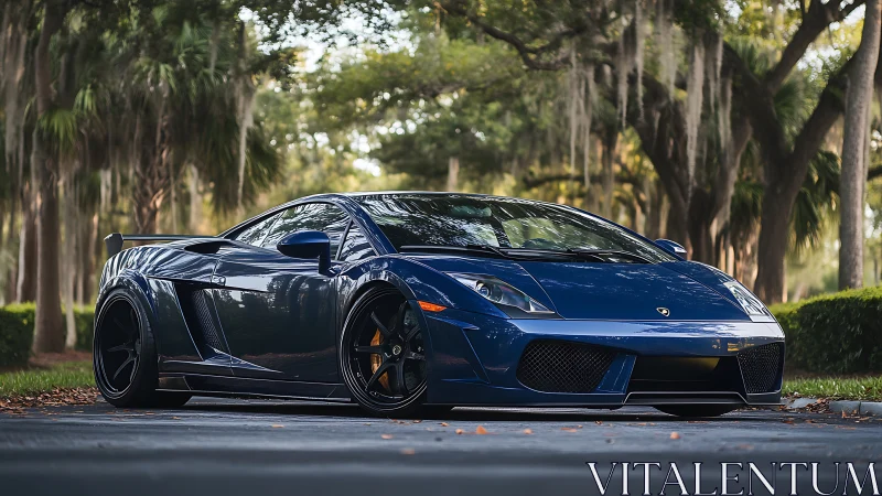 Midnight blue supercar glints under soft forest light.