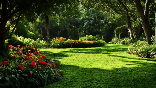 Lush sunlit garden lawn with red floral borders and trees.