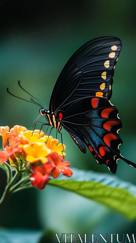 Macro telephoto profile of swallowtail butterfly on lantana bloom