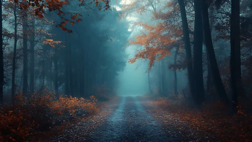 Misty Forest Road with Autumn Foliage and Directional Light.