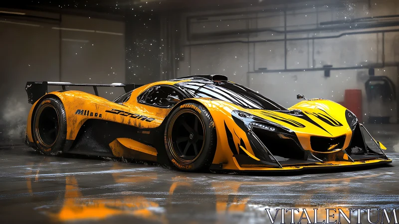 Yellow hypercar rests in dim garage after wet track run