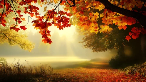 Sunlit forest path framed by vivid autumn foliage