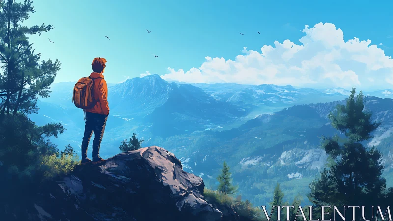 Solo hiker overlooks vast sunlit alpine mountain valley.